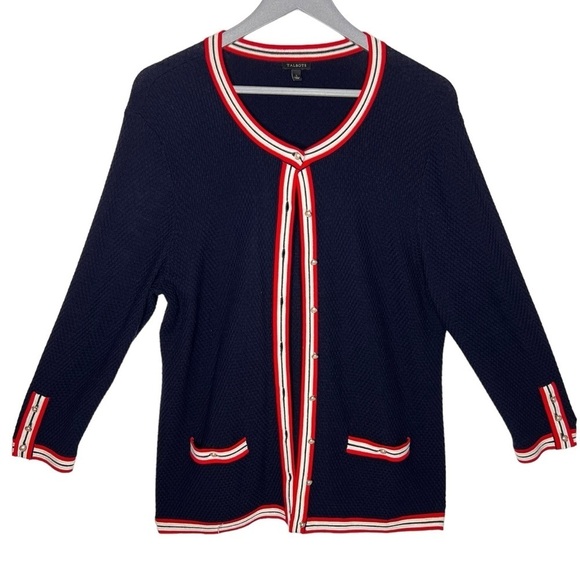 Talbots Navy Blue Red White Nautical Knit Pearl Button Cardigan Pockets Size L - Picture 1 of 12